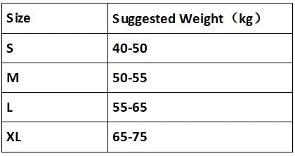 Size guide table showing recommended weight in kilograms for sizes Small to Extra Large.