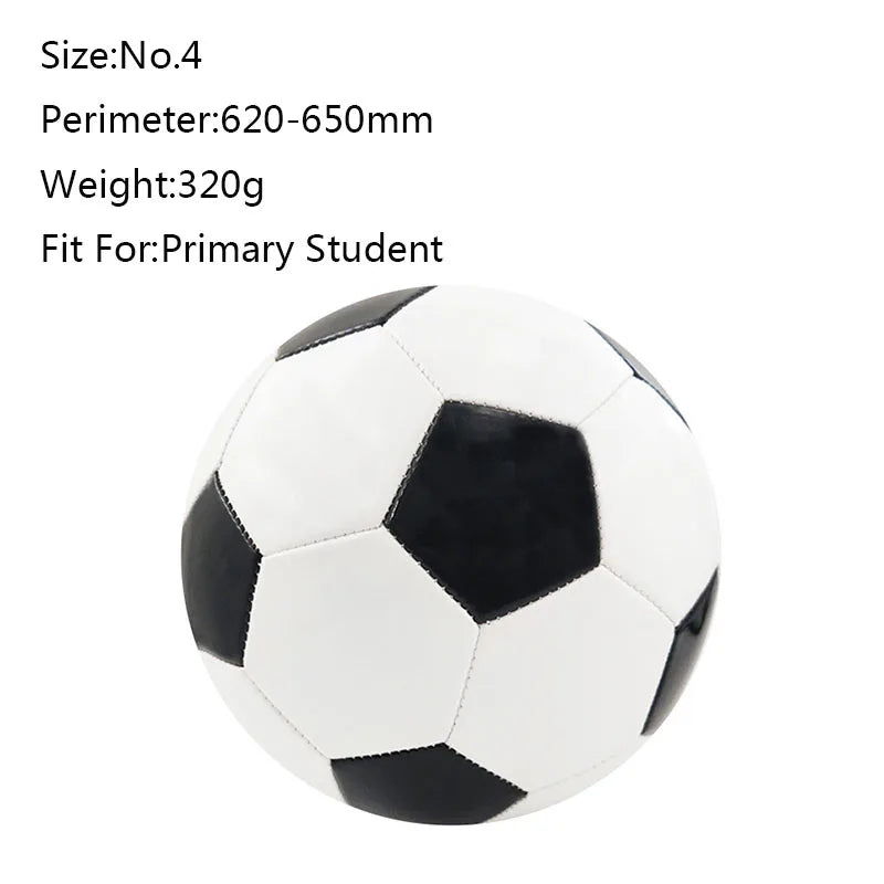 Size 4 black and white football for primary school students, weighing 320g with a 620-650mm circumference.