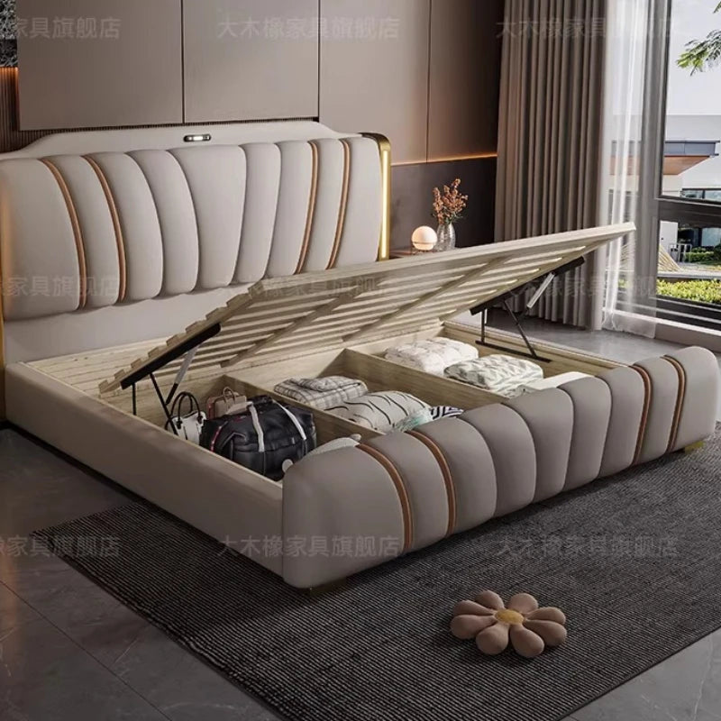 Luxury modern French-style bed in cream and grey with integrated headboard lighting and lift-up storage space.