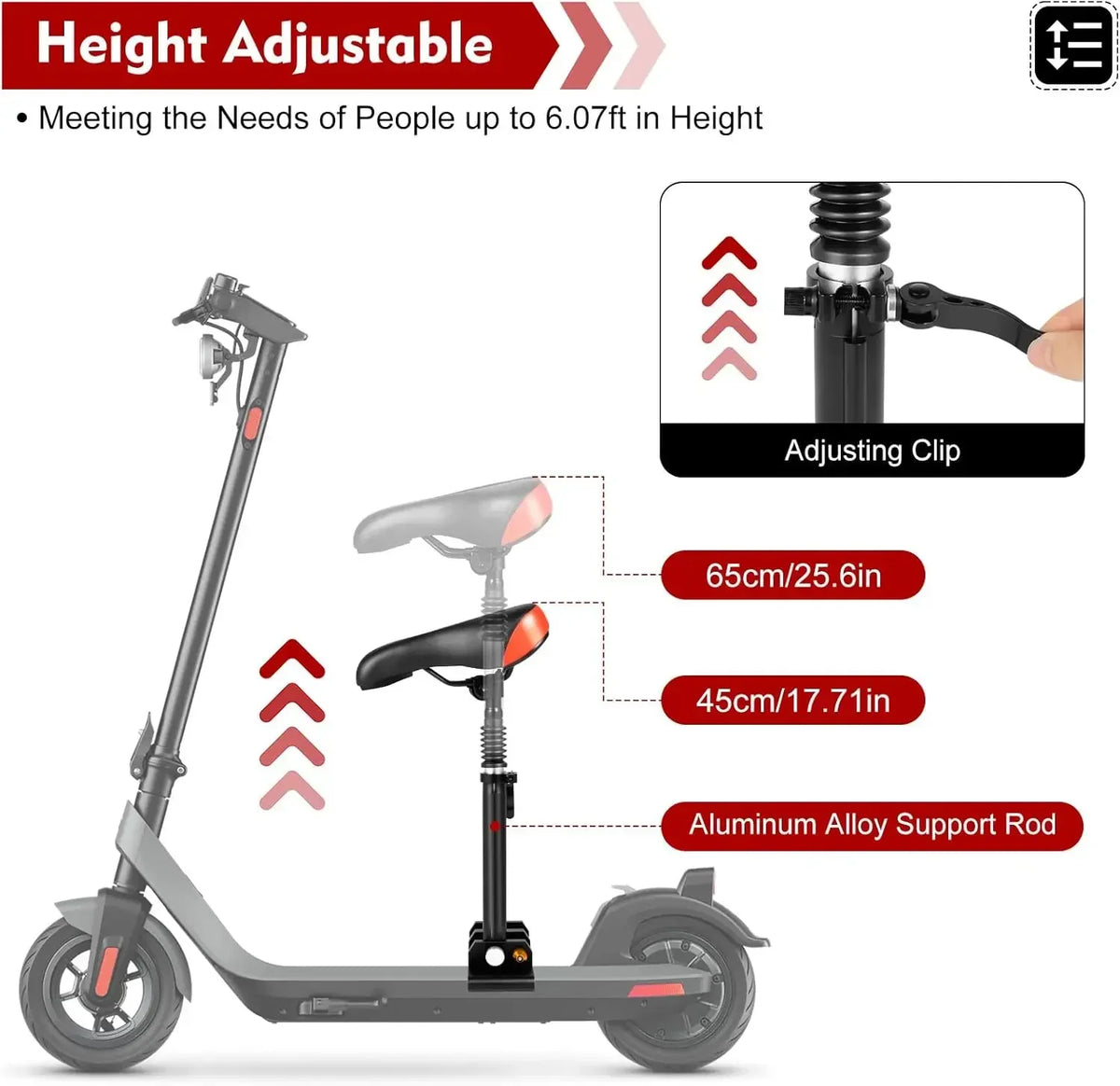 Black adjustable electric scooter saddle installed on a scooter, showing height levels from 45cm to 65cm.