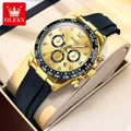 OLEVS gold chronograph watch with a black bezel, round dial, crystal hour markers, and black silicone strap.