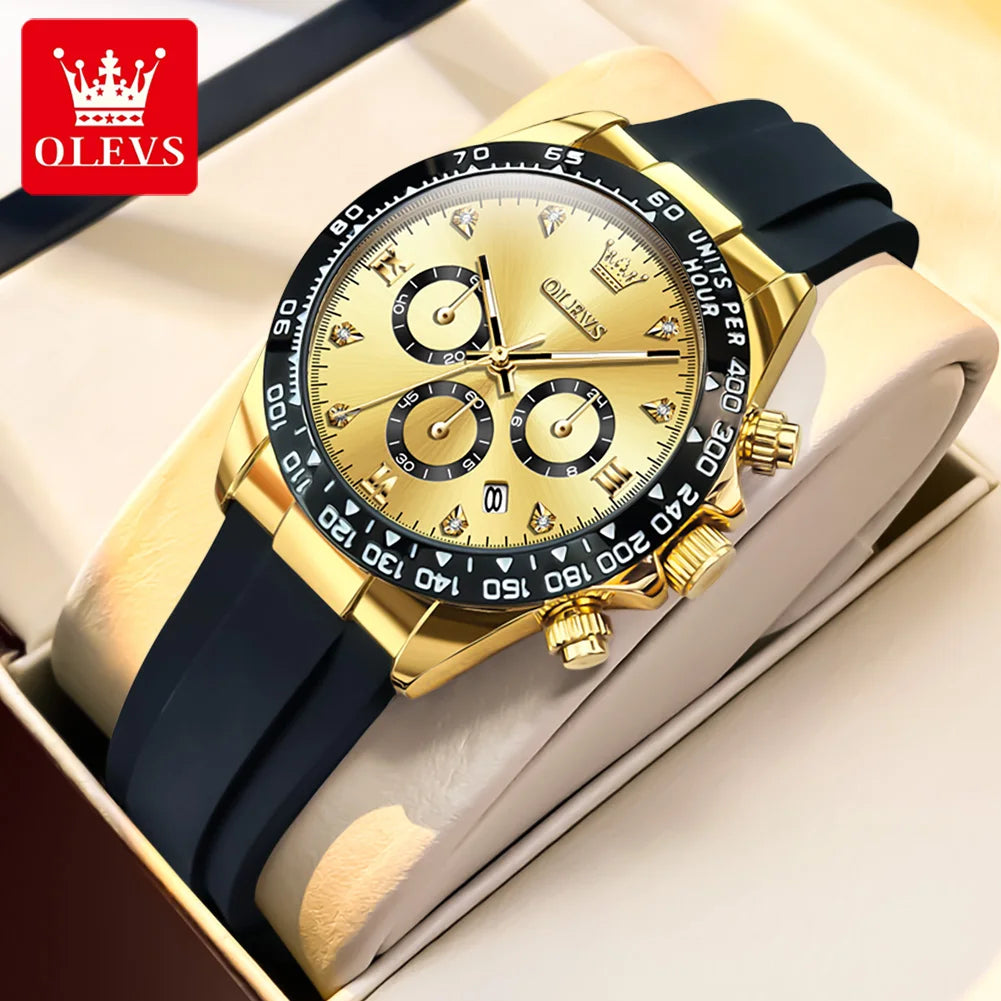 OLEVS gold chronograph watch with a black bezel, round dial, crystal hour markers, and black silicone strap.