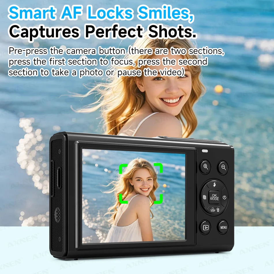 Black plastic digital camera with rear screen showing a live focus frame and control buttons.