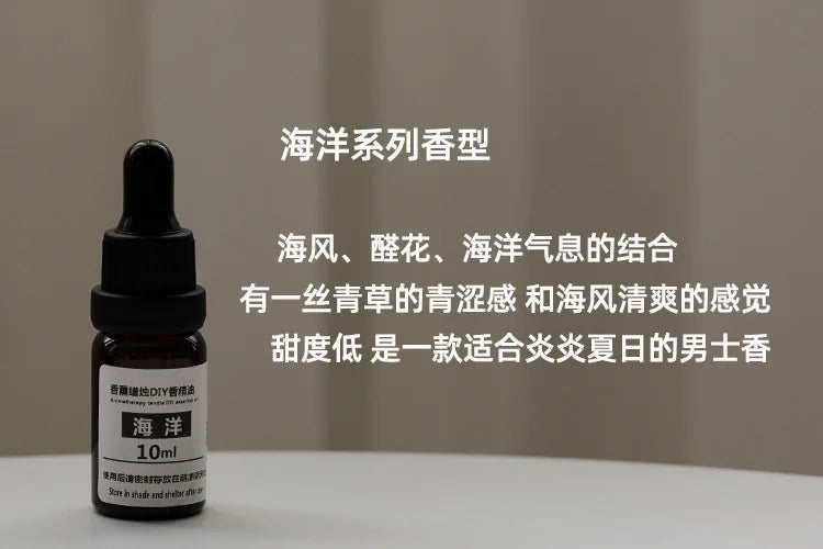 10ml amber glass dropper bottle of ocean-scented essential oil with a black cap, set against a neutral background.