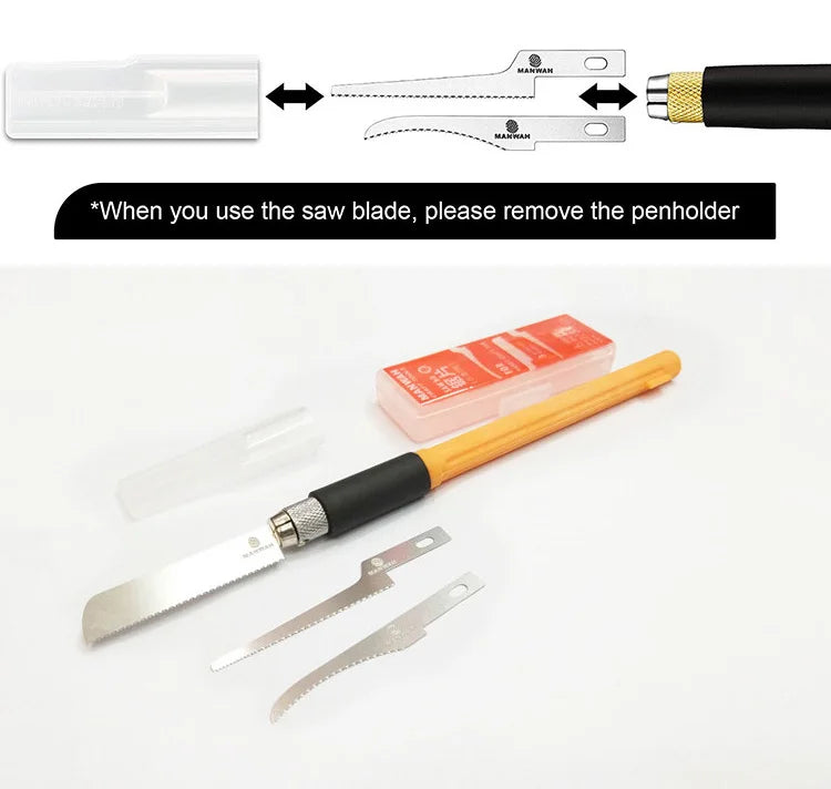 Precision craft hobby saw with orange and black handle, three interchangeable blades, and a protective storage case.