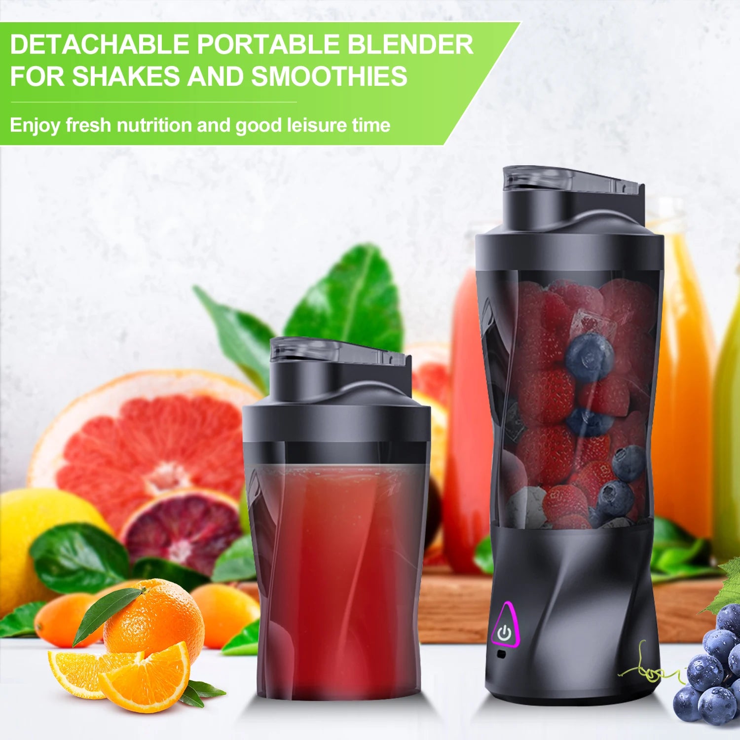 Black portable blender with a twist-style design, shown with a filled cup and a tall unit containing mixed fruit.