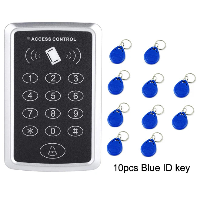 Silver and black plastic access control keypad with ten blue plastic RFID key fobs on metal rings.