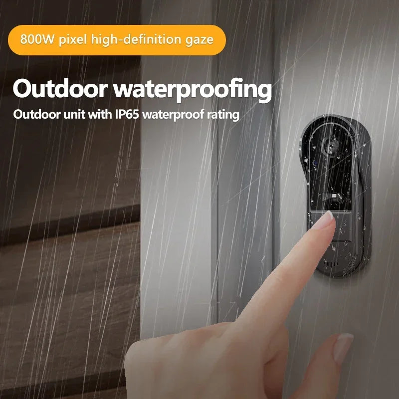 Finger pressing a sleek, dark grey wireless video doorbell mounted on a wall during heavy rain.