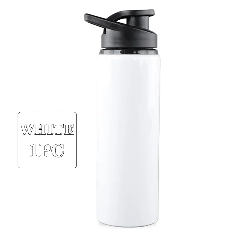 A plain white water bottle with a black flip-top lid, standing against a white background.