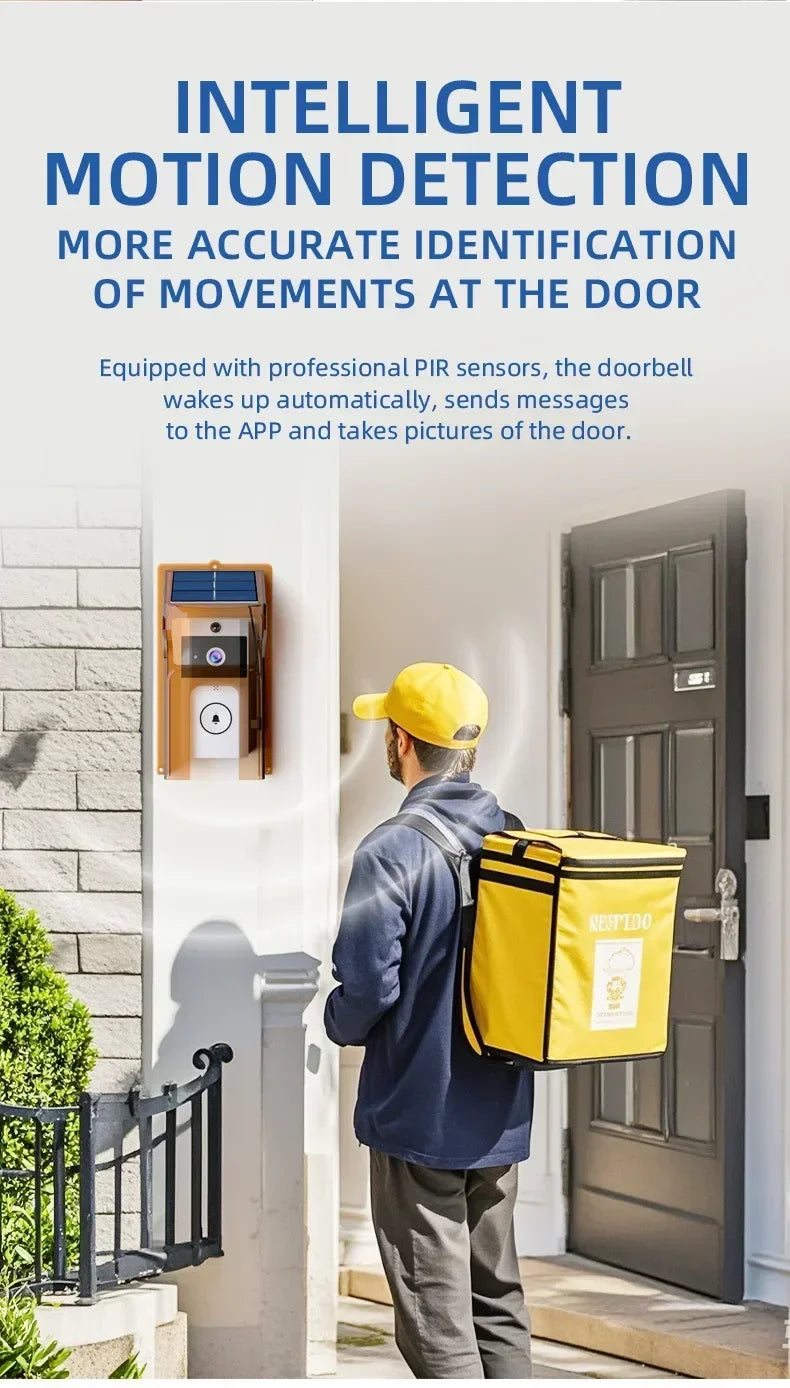 White and gold wireless solar-powered video doorbell mounted on a wall, detecting a delivery person at the front door.