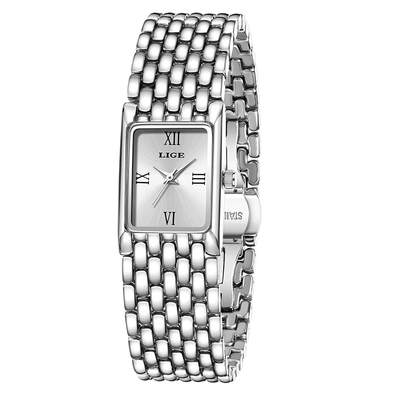 Elegant ladies' silver-tone square watch with a polished stainless steel link bracelet and minimalist face.