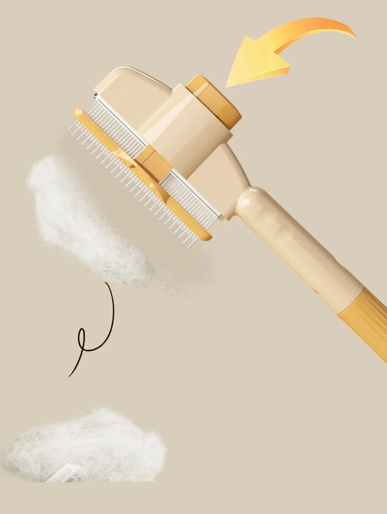 Beige self-cleaning pet grooming slicker brush with fine wire bristles, shown with clumps of removed fur.