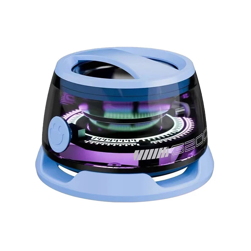 Blue portable Bluetooth speaker with a built-in phone stand, transparent casing, and vibrant purple RGB lighting.