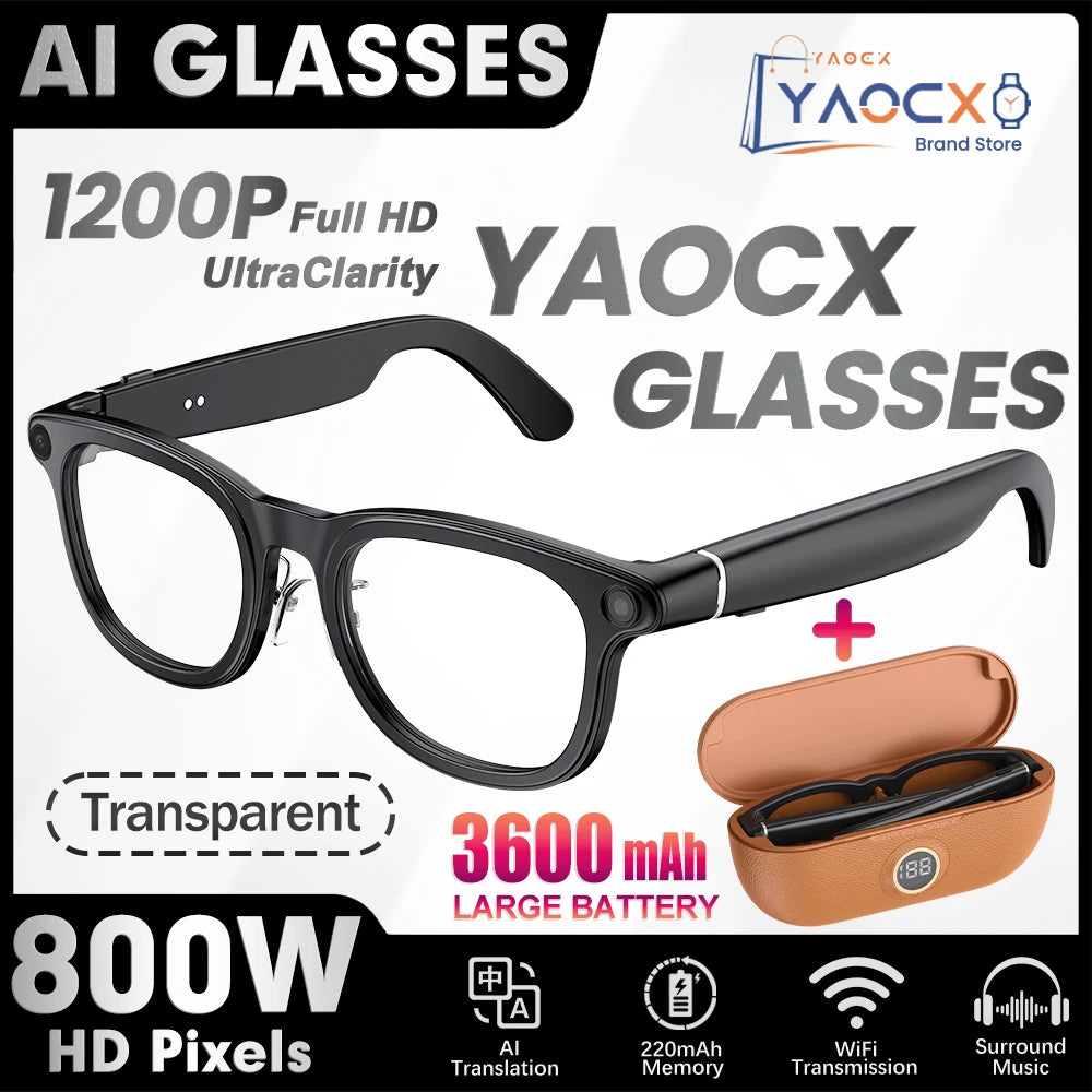 Black smart glasses with built-in cameras, presented with a tan charging case and icons for AI and video features.