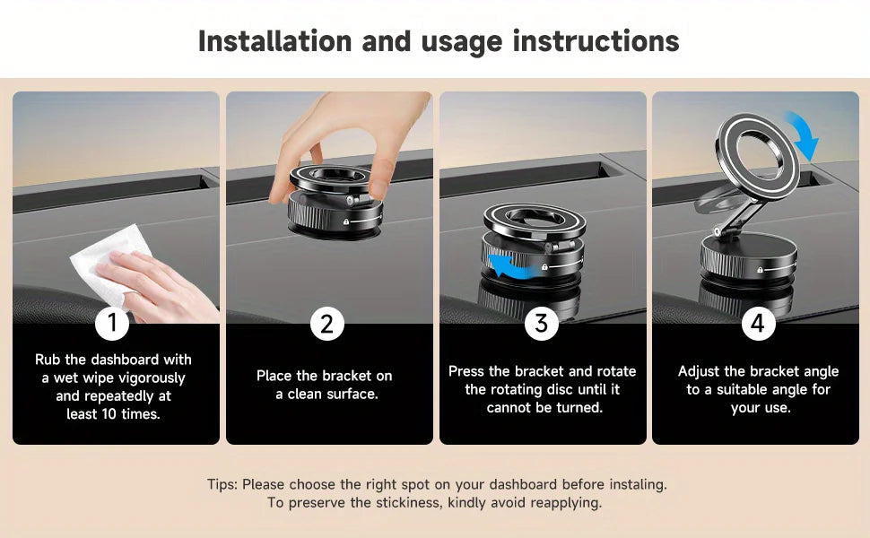 Four-step instructions for installing a circular, black, foldable magnetic car dashboard phone mount.