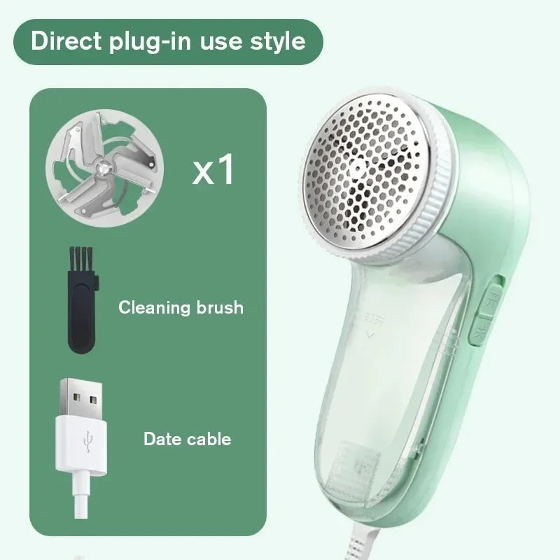 Mint green fabric shaver with USB cable, cleaning brush, and blade attachment, for removing lint from clothes.