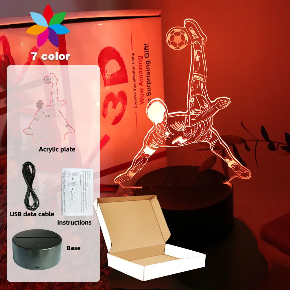 3D football player LED lamp with 7 colour modes, black base, USB cable, and packaging box.