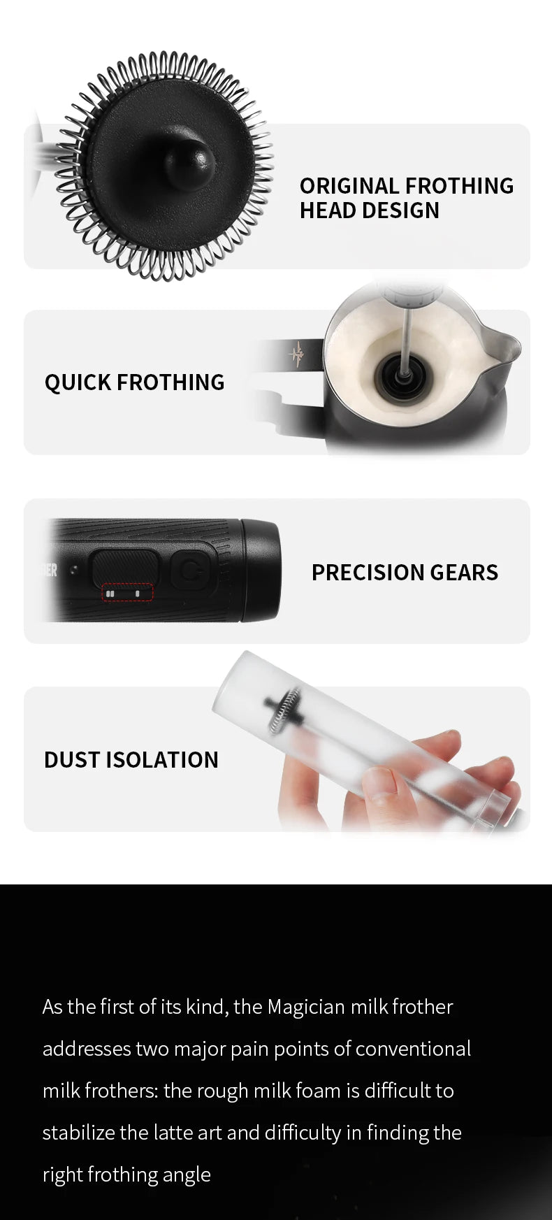 Black handheld milk frother with precision gears, protective cover, and specialized frothing head for latte art.