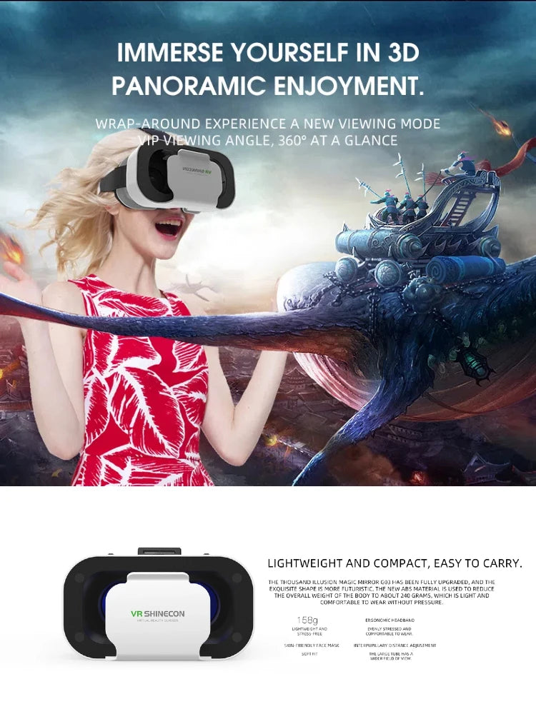 Lightweight black and white 3D virtual reality headset for smartphones with an ergonomic, adjustable headband.