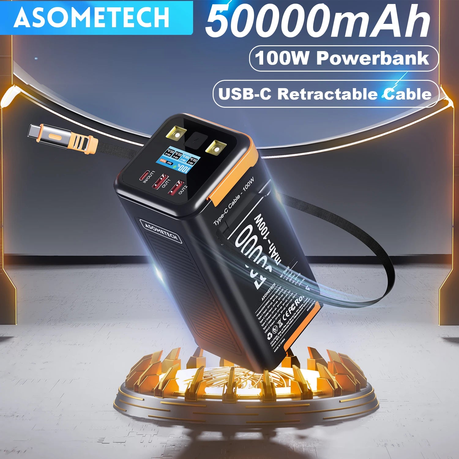 Black and orange 50,000mAh portable power bank with a digital display, multiple charging ports, and retractable cable.