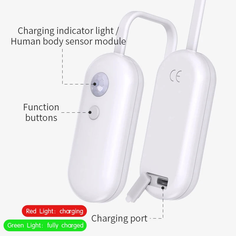 White rechargeable toilet night light with motion sensor, function button, and USB charging port.