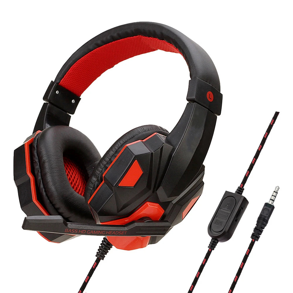 Black and red wired gaming headset with cushioned ear cups, built-in microphone, and inline volume control.
