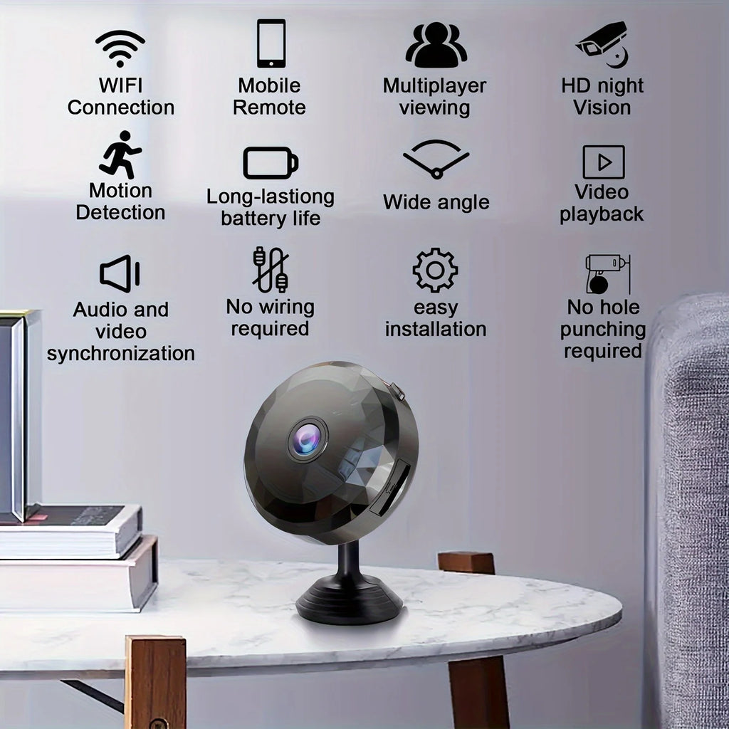 Black spherical wireless security camera on a stand, showing features like night vision, Wi-Fi, and motion detection.