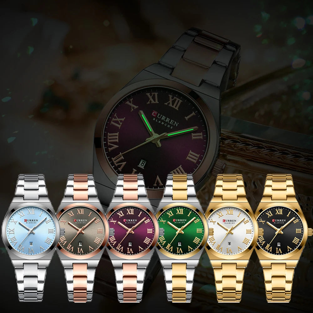 CURREN women's quartz wristwatch with stainless steel strap, Roman numerals, and date window in six color options.