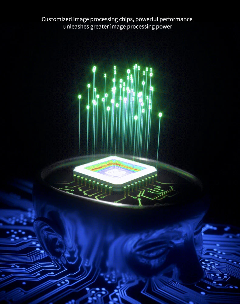 Abstract digital illustration of a computer chip inside a glass human head, emitting glowing green binary data streams.