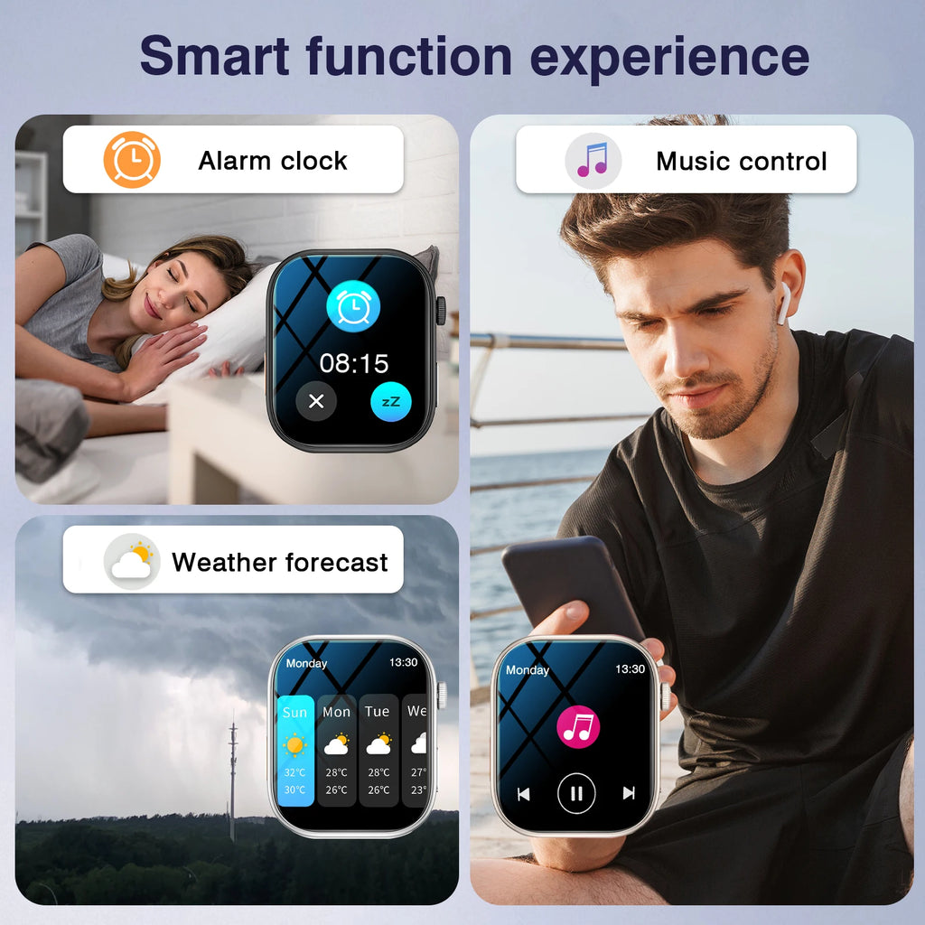 Smart watch with a large HD screen showing alarm, weather, and music control features in a sleek, modern design.