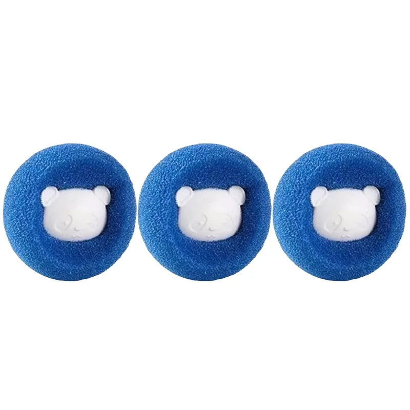 Three blue, fuzzy circular laundry balls, each featuring a cute white panda face in the centre.