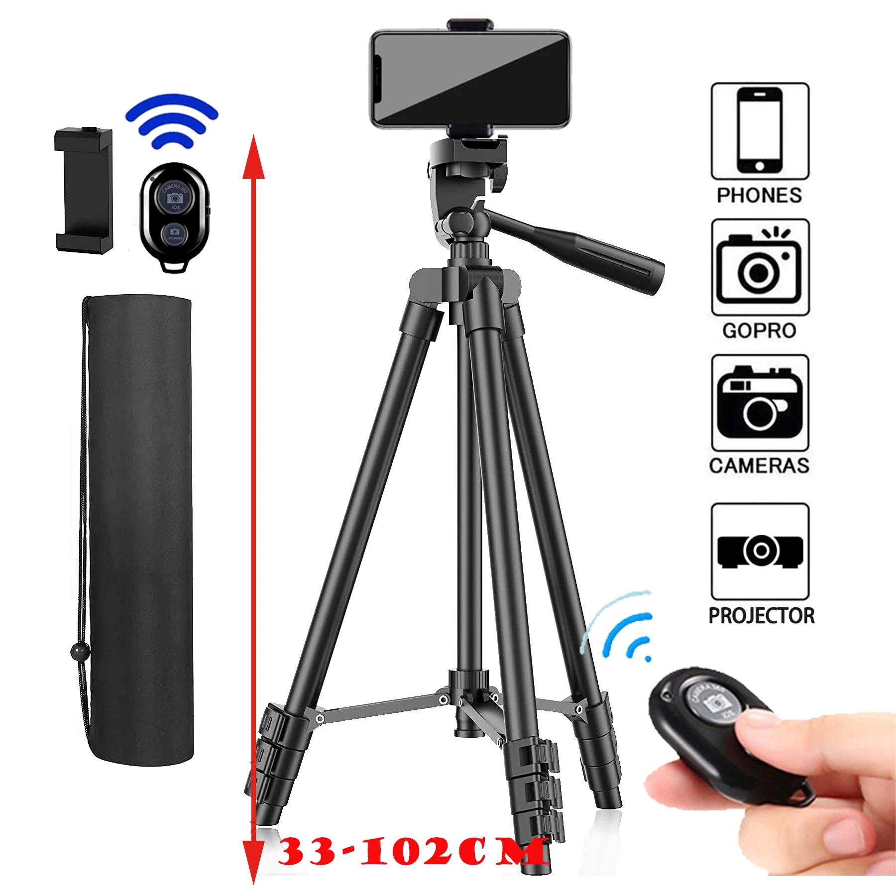 Black adjustable camera tripod, 33-102cm height, including a smartphone mount, carry bag, and wireless remote shutter.
