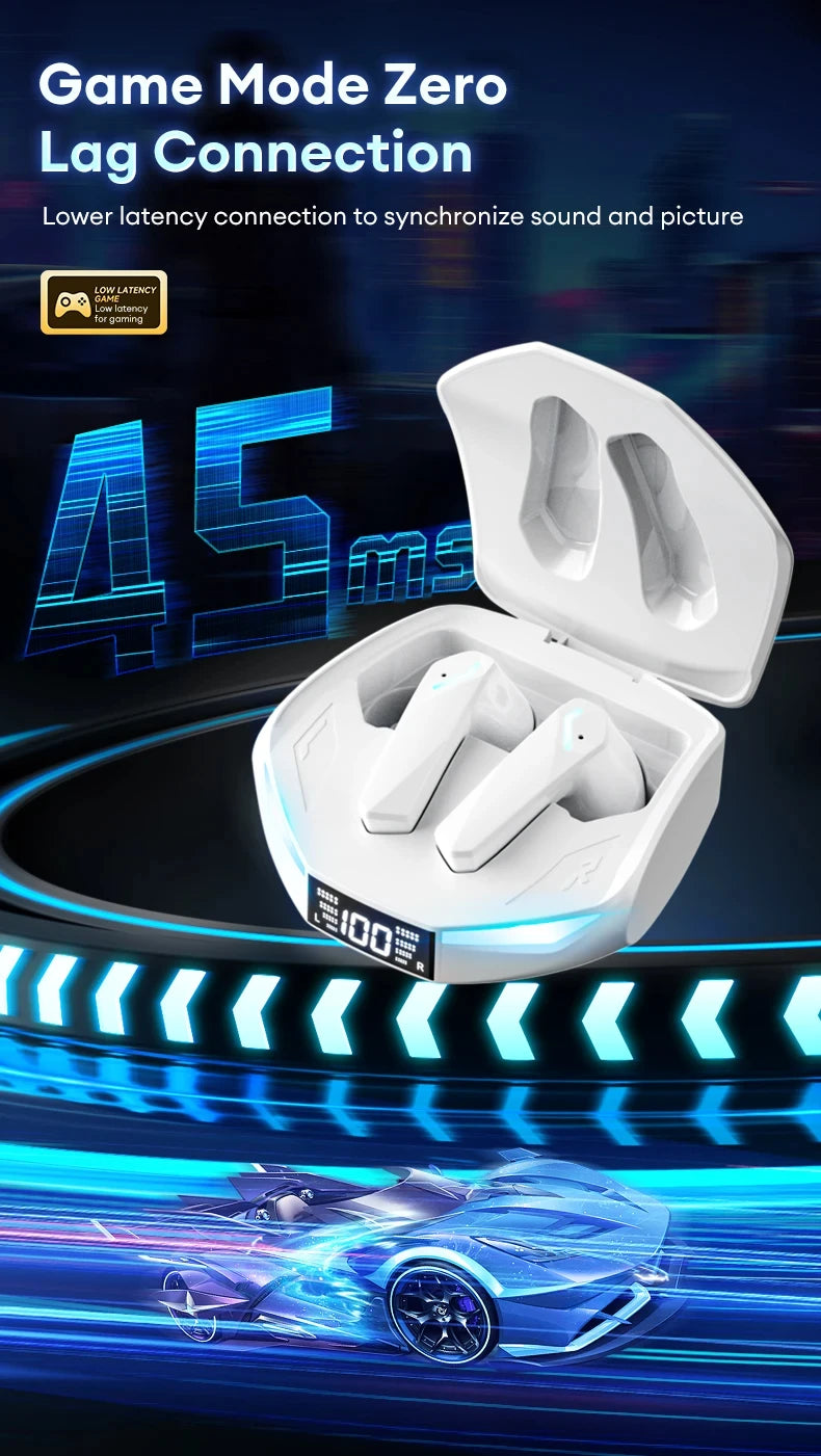 White wireless gaming earbuds with a sleek angular design, matching charging case, and digital battery display.