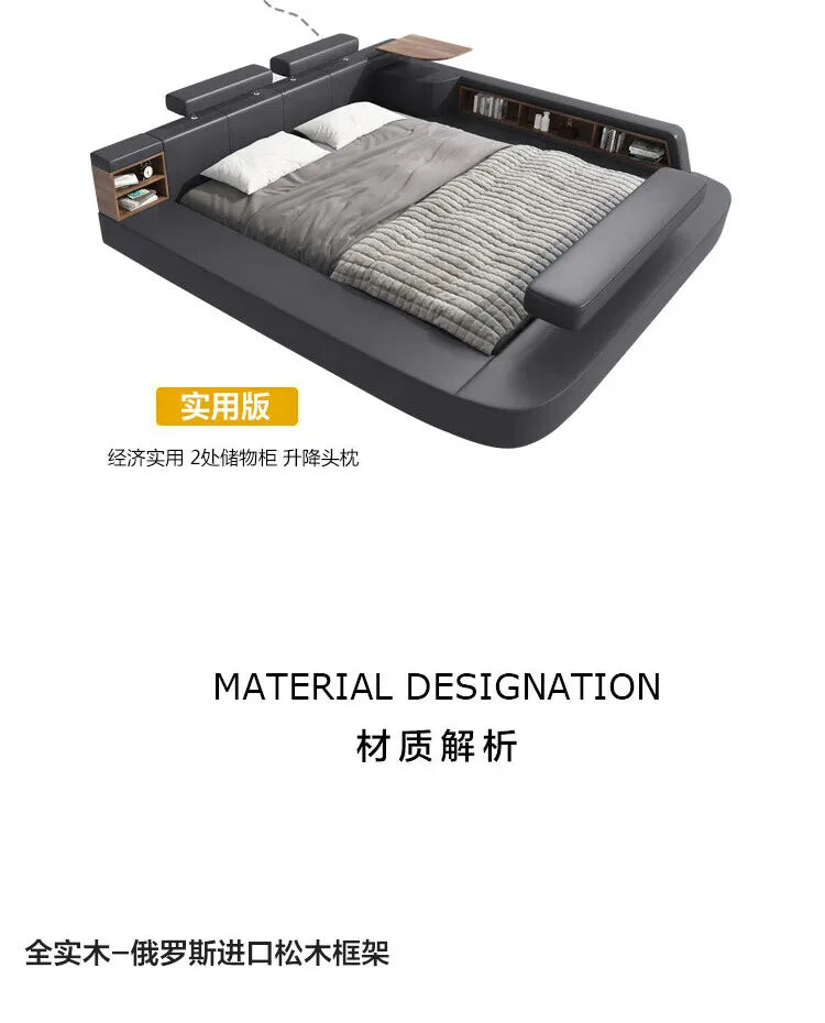 Modern grey upholstered bed featuring adjustable headrests, integrated shelving, and a side wooden tray.