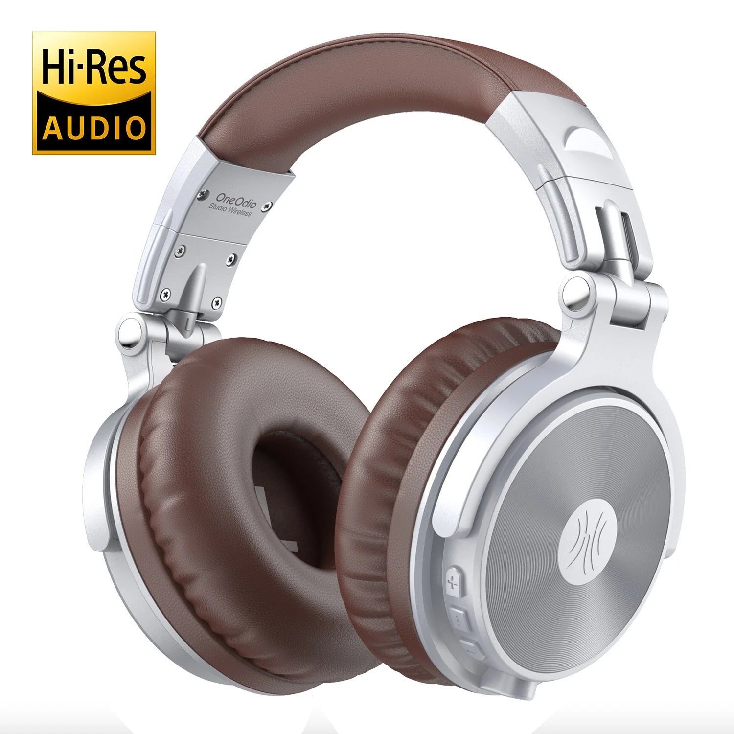 Wireless over-ear headphones in silver and brown with soft ear cushions and side-mounted playback controls.