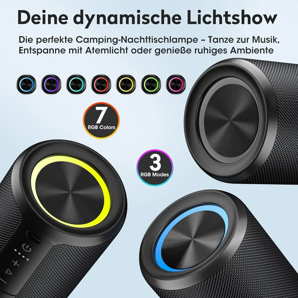 Black portable Bluetooth speaker with vibrant LED light rings, featuring 7 colour options and 3 light modes.