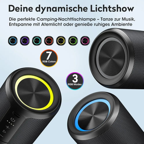 Black portable Bluetooth speaker with vibrant LED light rings, featuring 7 colour options and 3 light modes.