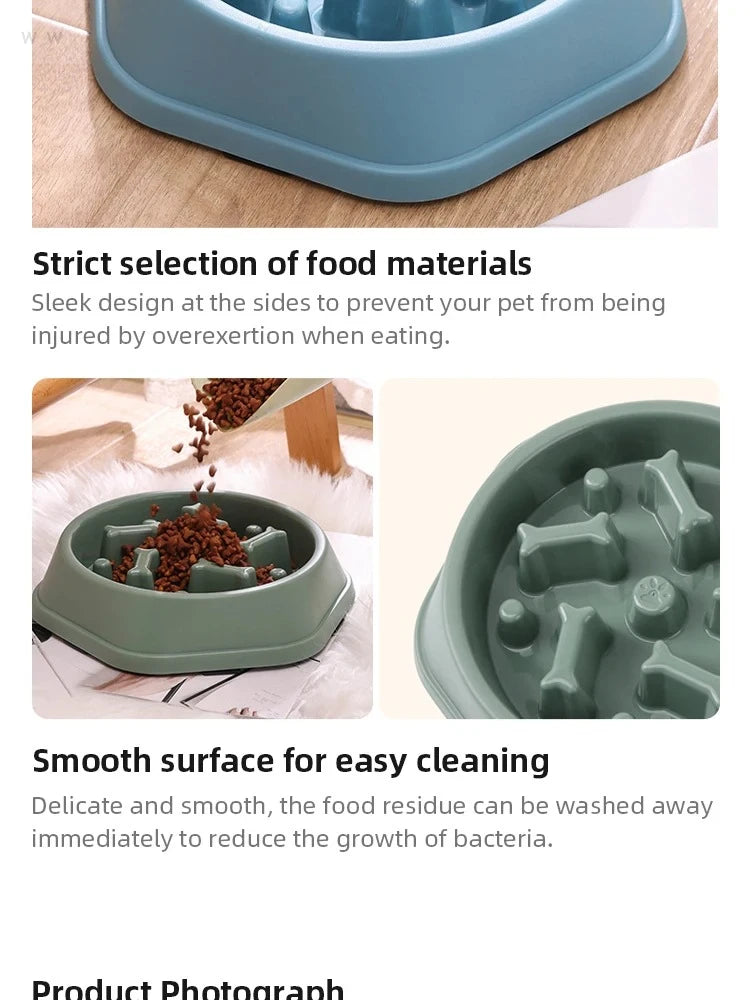 Sage green pet slow-feeder bowl with a puzzle-like design, featuring bone-shaped obstacles for controlled eating.