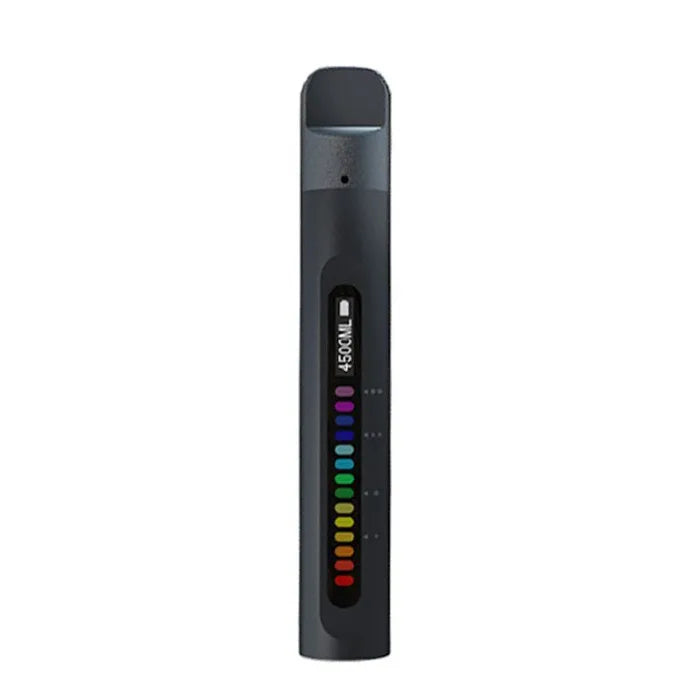 A matte grey, slim respiratory muscle trainer with a digital display showing a colourful vertical bar graph.