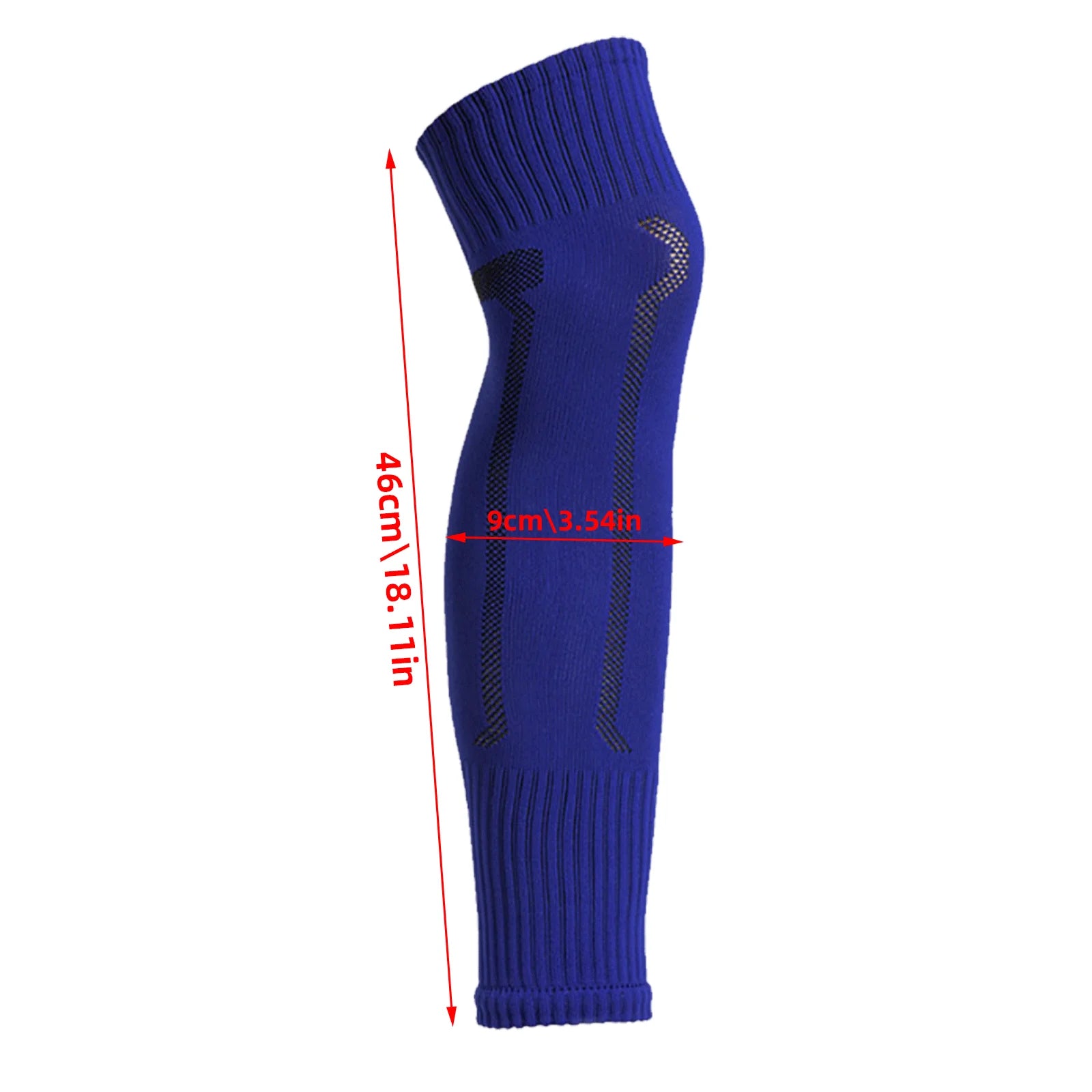 Blue compression leg sleeve with ribbed cuffs and breathable mesh detailing, measuring 46cm in length.
