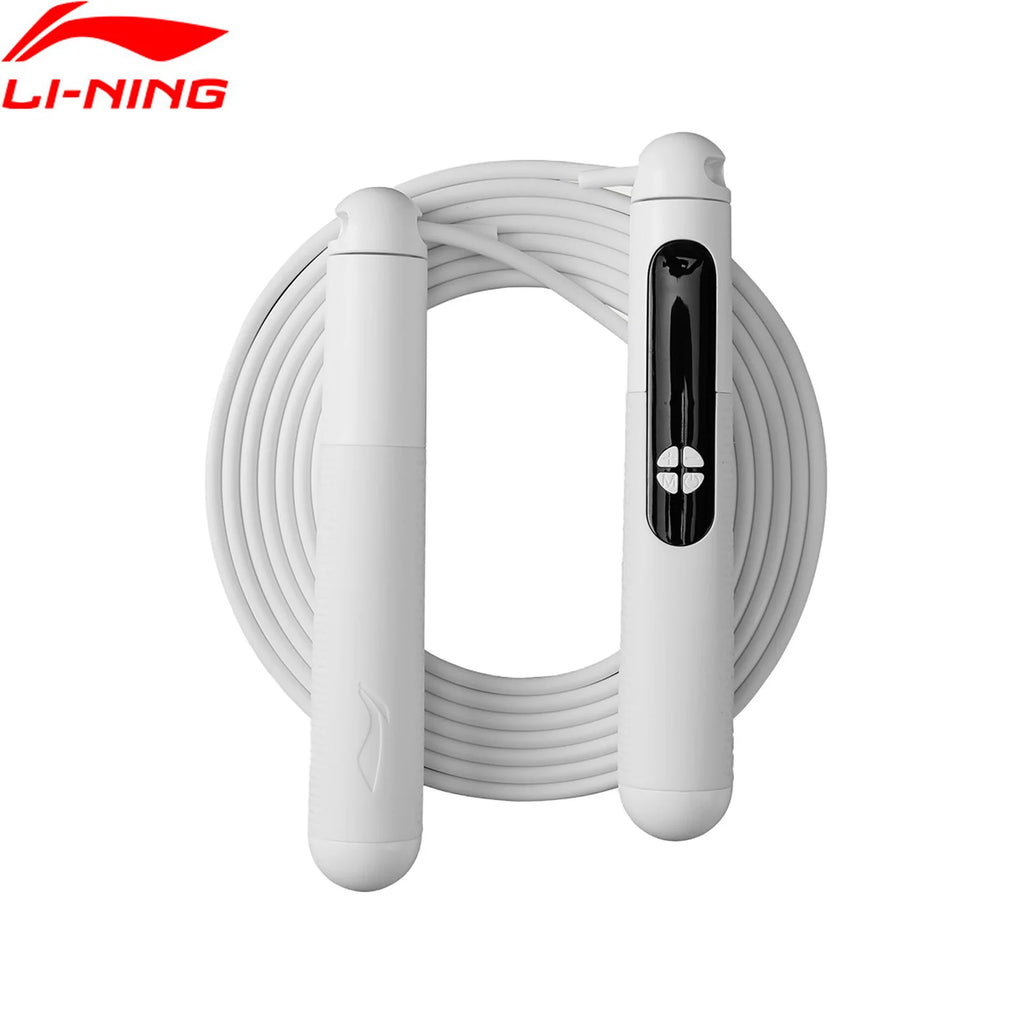 White Li-Ning jump rope with coiled cable and two handles, one featuring a digital display screen and buttons.