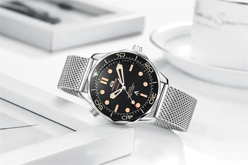 Classic men’s automatic watch with a black face, luminous markers, and a silver stainless steel mesh strap.