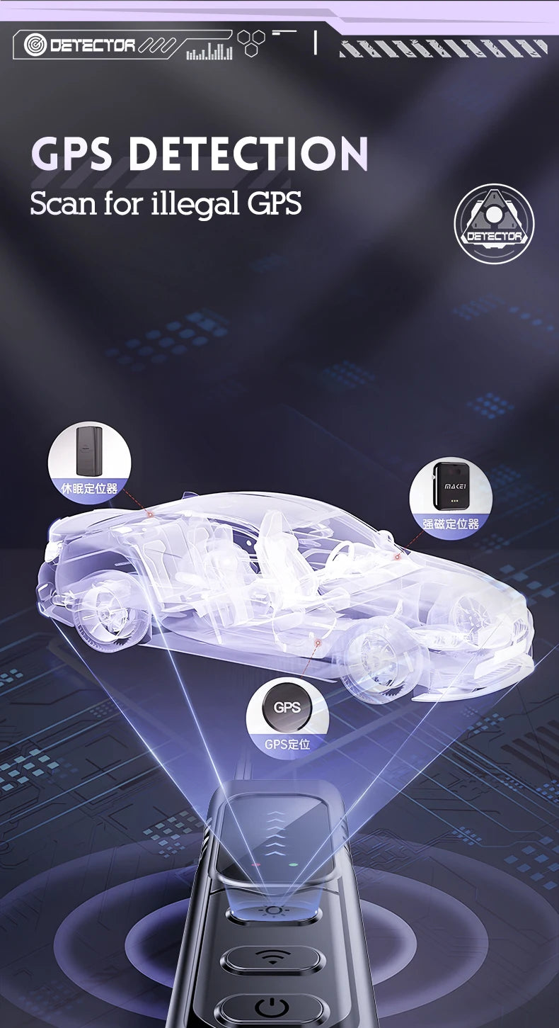 Black handheld privacy detector scanning a translucent car model to identify hidden GPS devices.
