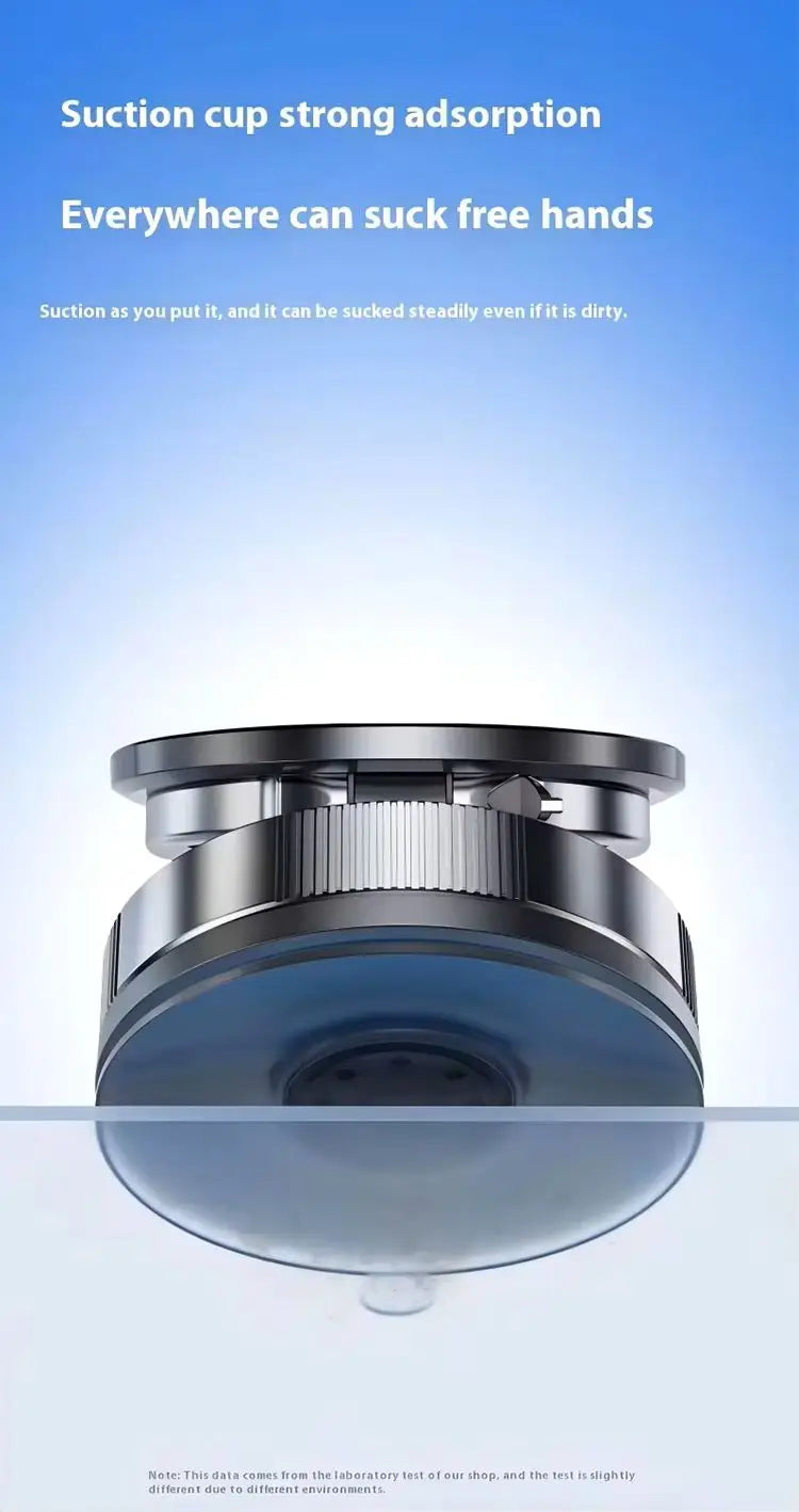 Black, circular heavy-duty suction cup mount with a metallic, ribbed industrial design attached to a glass surface.