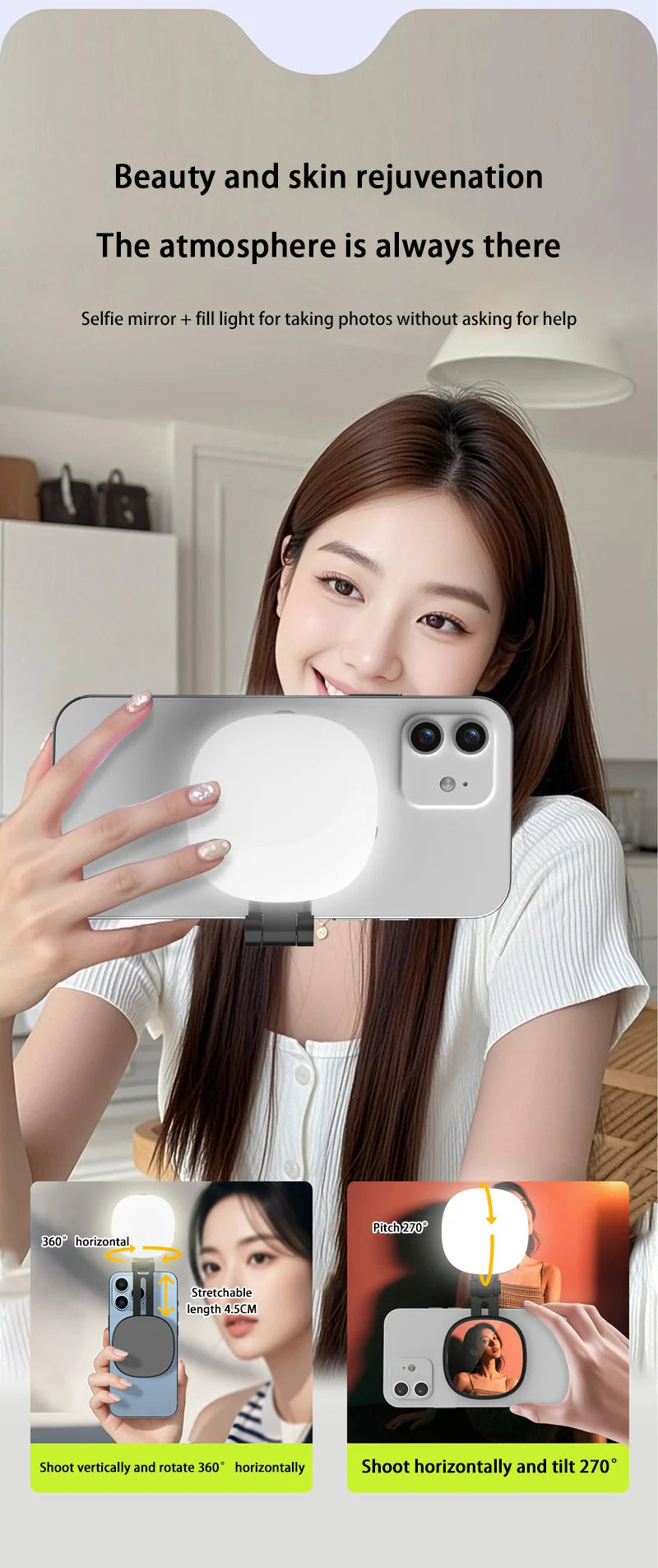Portable smartphone ring light with a built-in selfie mirror, rotatable and adjustable for perfect lighting.