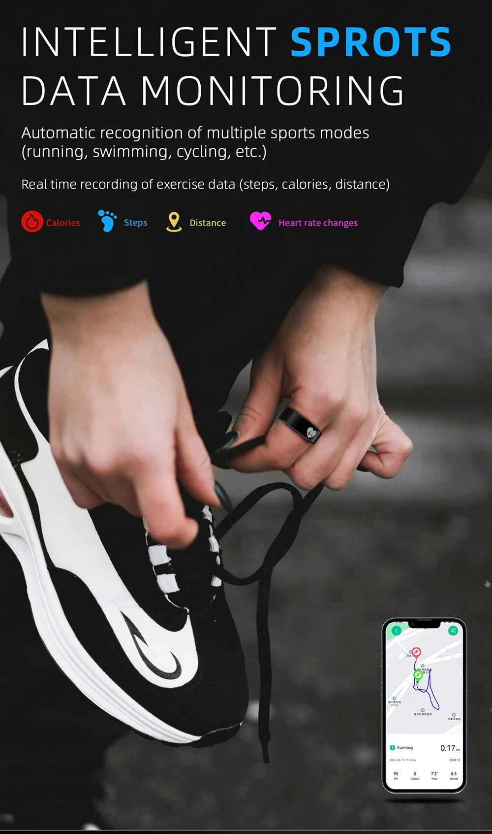 A sleek, black smart fitness ring worn on a finger, with an inset graphic showing activity tracking on a smartphone.