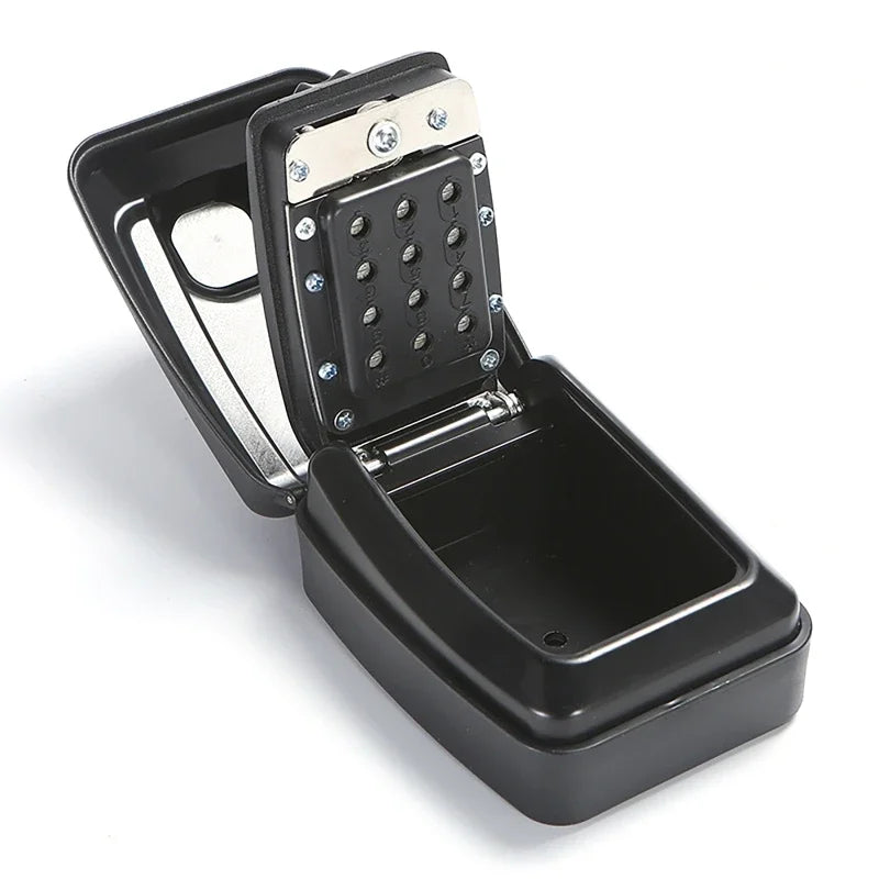 Open black metal wall-mounted key safe with a push-button combination lock mechanism.