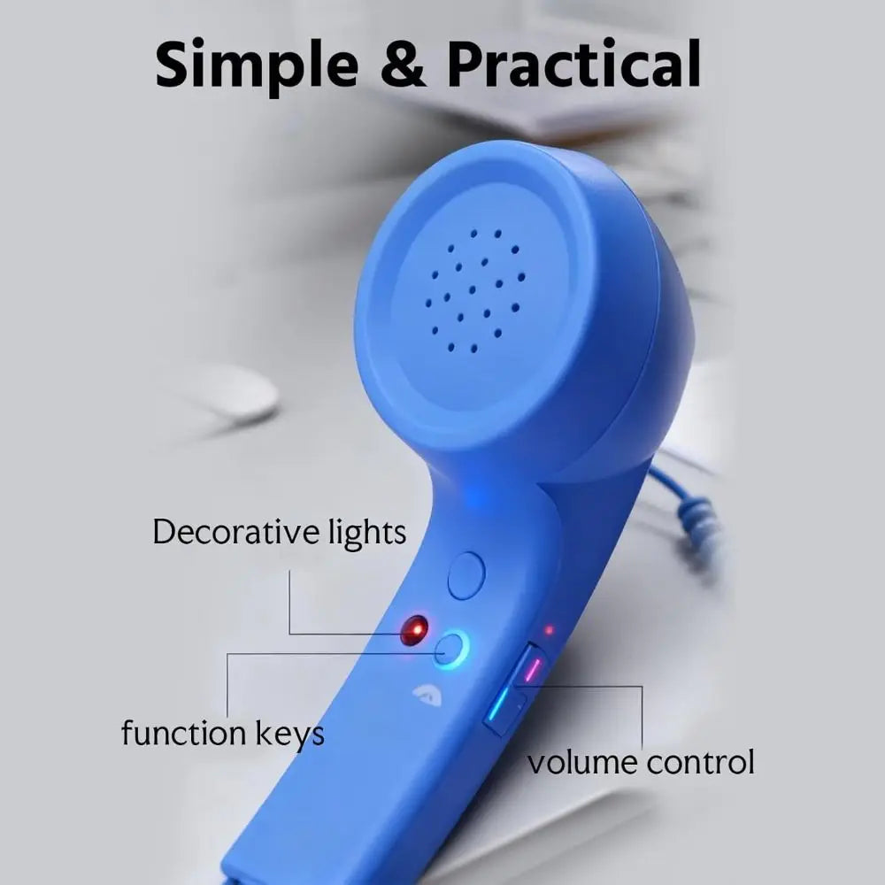 Blue retro-style telephone handset with LED status lights, function buttons, and side volume control.