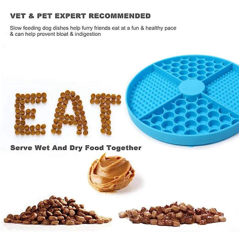 Blue, circular, multi-section silicone slow feeder dog bowl with textured patterns for wet and dry pet food.