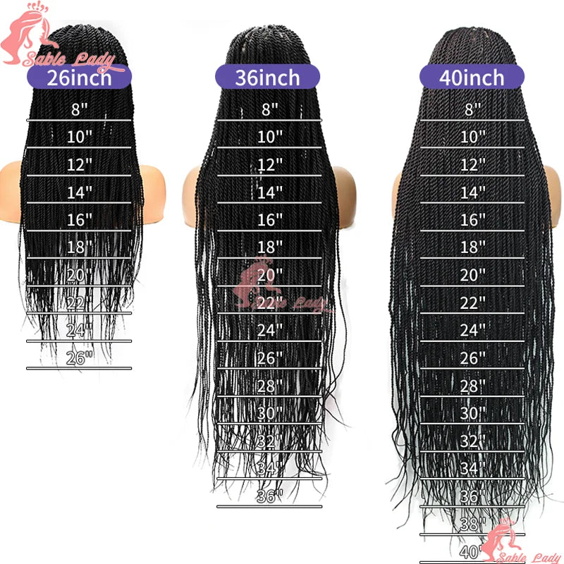 Three black Senegalese twist braid wigs shown in length comparison guides of 26, 36, and 40 inches.